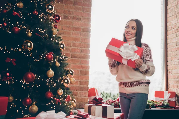 Komik, rüya gibi giyinmiş genç bir bayanın fotoğrafı. Çekmece odasındaki gülen ağacın altına yeni yıl hediyeleri koyuyor. — Stok fotoğraf
