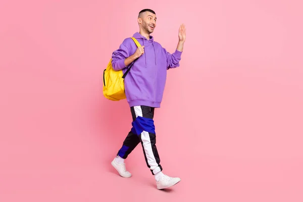 Ganzkörperfoto von netten Millennial Brunet Kerl gehen Welle tragen Kapuzenpullover Hose Schuhe Tasche isoliert auf rosa Hintergrund — Stockfoto