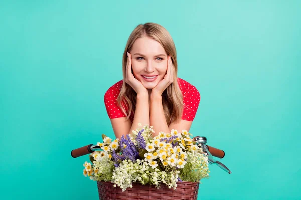 Foto de mujer joven sonrisa feliz paseo bicicleta mano tacto barbilla sueño flores silvestres cesta aislada sobre fondo de color turquesa —  Fotos de Stock