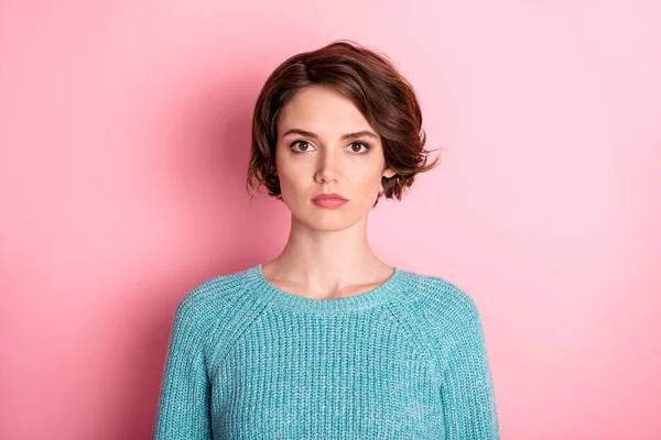 Photo of serious young nice charming woman wear blue pullover isolated on pastel pink color background — Stock Photo, Image