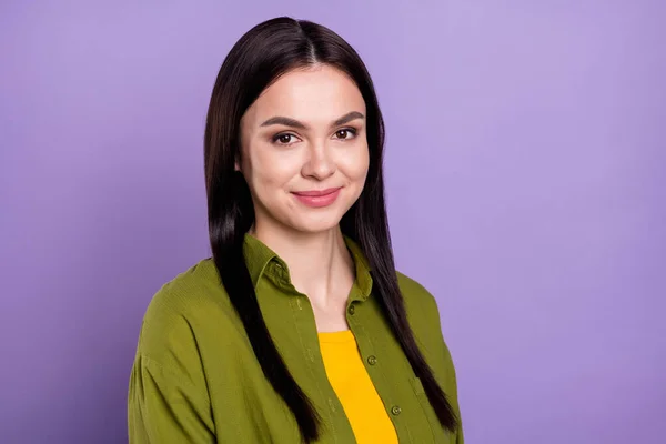 Photo of funny charming young woman wear khaki outfit smiling isolated violet color background — Stock Photo, Image