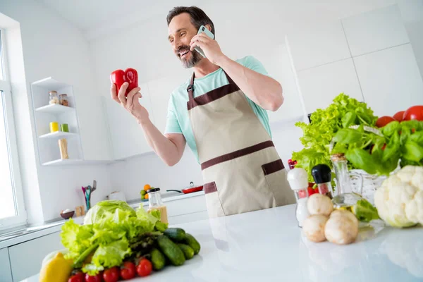 Фото бородатого чоловіка, який тримає паприку, мають телефонну розмову одягнути фартух для кухні в приміщенні — стокове фото