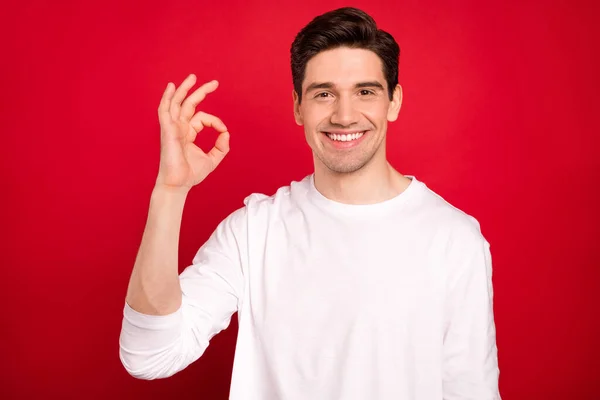 Foto de la fresca morena millennial chico show okey desgaste camisa blanca aislada sobre fondo de color rojo —  Fotos de Stock