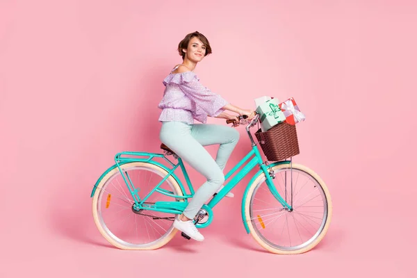 Foto der charmanten Dame Fahrt Fahrradkorb Geschenke tragen violette Bluse Hose Schuhe isoliert rosa Farbe Hintergrund — Stockfoto
