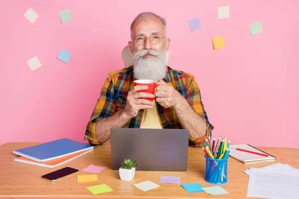 Portrait de séduisant homme âgé retraité aux cheveux gris apprenant rédacteur buvant du thé étudiant isolé sur fond rose couleur pastel — Photo