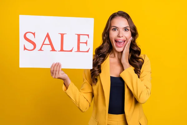 Photo Attractive Excited Young Lady Wear Suit Jacket Holding Sale — Stock Photo, Image