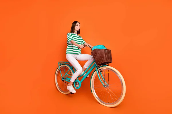 面白いですブルネット若い女性のライド自転車は オレンジの背景に隔離されたTシャツのズボンの履物を身に着けている — ストック写真