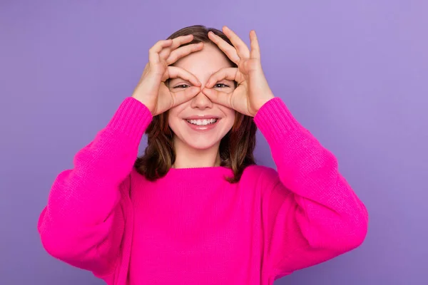 Photo Charming Lovely Funky Girl Make Signs Goggles Funny Mood — Stock Photo, Image