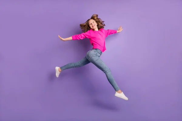 Volledig Lichaam Profiel Zijkant Foto Van Vrolijke Energieke Meisje Spring — Stockfoto