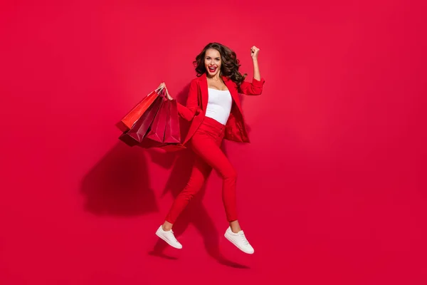 Full Size Profile Photo Hooray Brunette Lady Jump Bags Wear — Stock Photo, Image