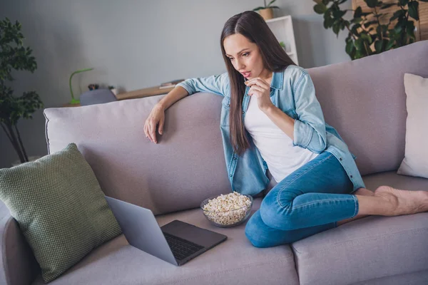 Portret van aantrekkelijke gefocuste vrouw zittend op divan met behulp van laptop kijken web film eten maïs vrije dag thuis — Stockfoto