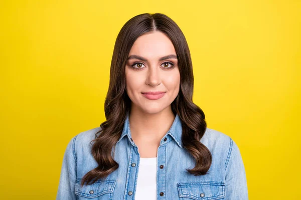 Photo of pretty shiny young woman dressed denim shirt smiling isolated yellow color background — Stock Photo, Image