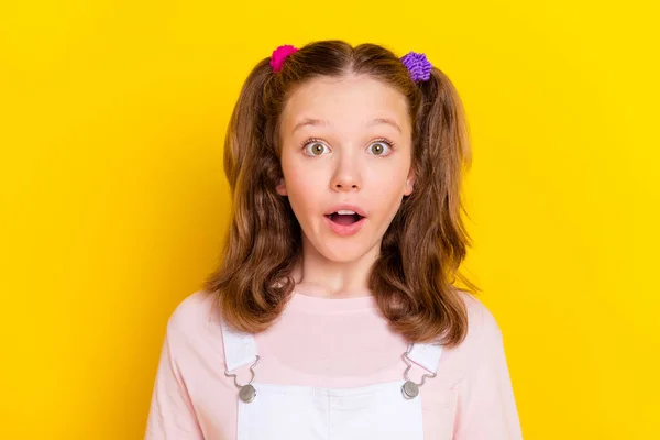 Πορτρέτο της ελκυστική κατάπληκτος καστανά μαλλιά κορίτσι καλή αντίδραση ειδήσεων που απομονώνονται σε φωτεινό κίτρινο χρώμα φόντο — Φωτογραφία Αρχείου