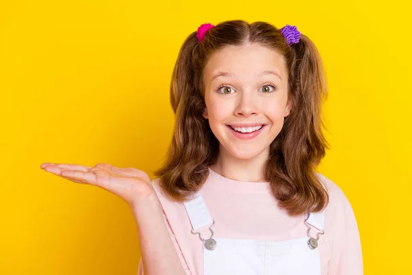 Retrato de menina atraente alegre de cabelos castanhos segurando na cópia da palma anúncio espaço vazio isolado sobre fundo de cor amarelo brilhante — Fotografia de Stock