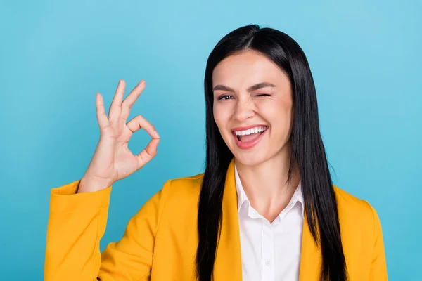 Photo of cool happy cheerful lady make okay sign deal business wink eye suggest isolated on blue color background — Stock Photo, Image