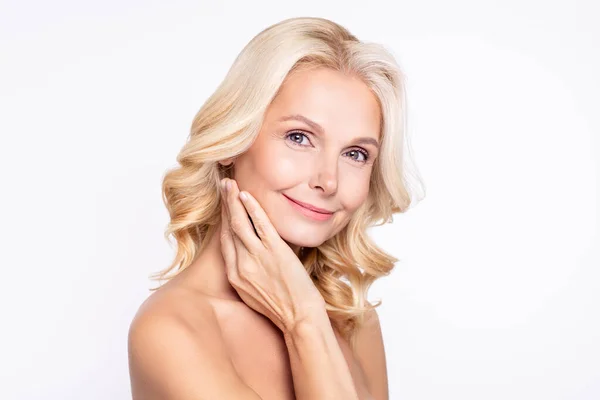 Portrait of attractive cheery healthy grey-haired woman touching face modern collagen therapy isolated over white color background — Stock Photo, Image