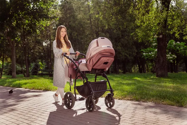 Longitud completa tamaño del cuerpo foto joven madre sonriendo caminando en el parque de la ciudad con carro de bebé con cárdigan gris —  Fotos de Stock