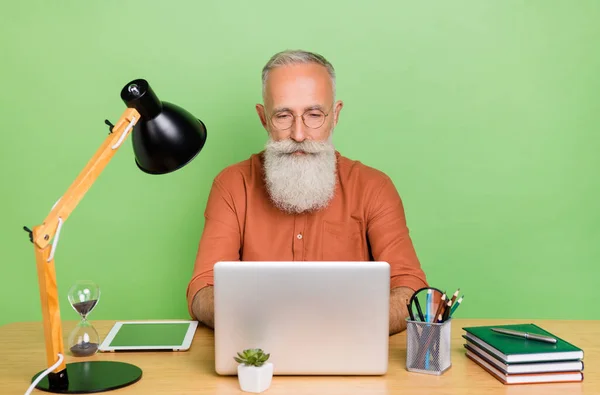 Portrait de attrayant homme aux cheveux gris concentré habile dactylographier rapport de rédaction d'e-mail isolé sur fond de couleur verte — Photo