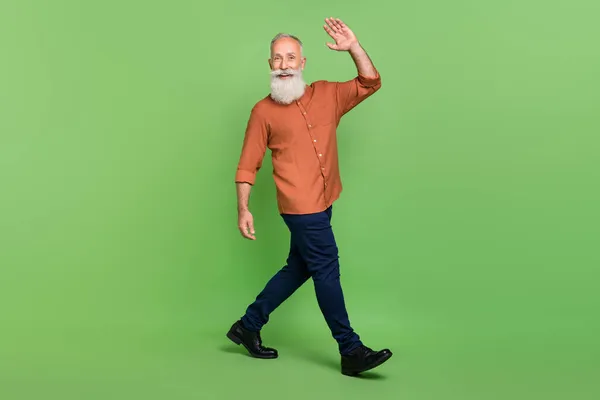 Полный профиль тела боковой фото старшего веселого человека пойти ходить волна руку Привет изолированы на зеленый цвет фона — стоковое фото