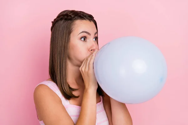 Photo of funny funky positive happy young woman blow air balloon celebrate holiday isolated on pink color background — Stock Photo, Image