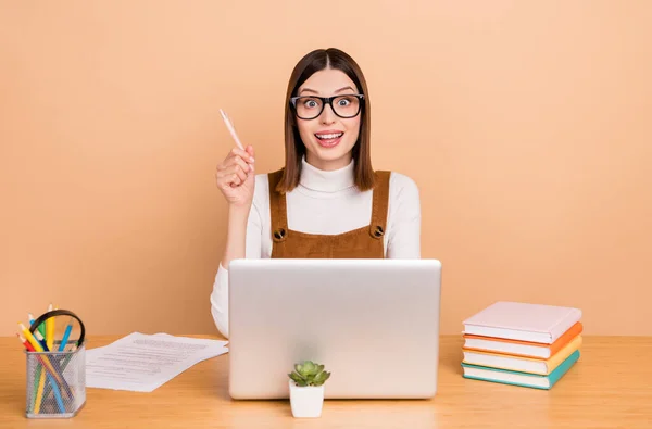 Portret van aantrekkelijke verbaasd slimme vrolijke meisje werknemer met behulp van laptop creëren oplossing geïsoleerd over beige kleur achtergrond — Stockfoto