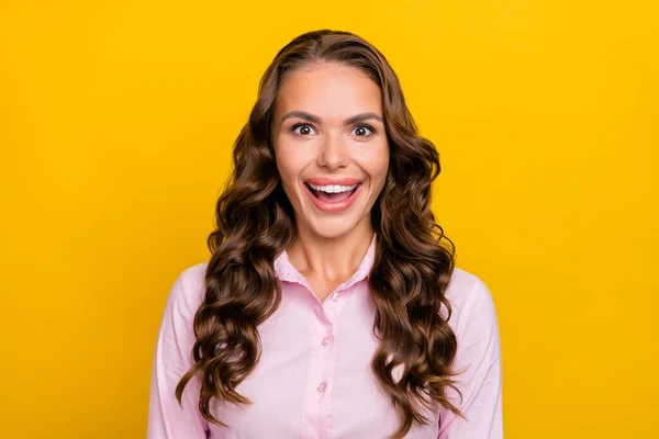 Foto de hooray millennial dama morena risa usar camisa rosa aislado sobre fondo de color amarillo — Foto de Stock