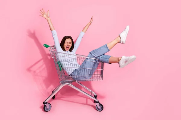 Foto de divertida mujer joven excitada usar suéter blanco gritando a caballo carrito de la compra levantando brazos sonriendo aislado color rosa fondo —  Fotos de Stock