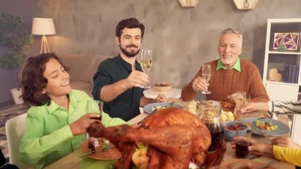 Grupo positivo personas familia cena tintineo vino beber alcohol — Vídeos de Stock