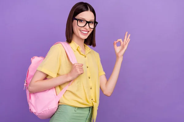Profil oldal fotó fiatal hölgy hátizsák tanulmány azt mutatja, okey szimbólum jóváhagyja a jó elszigetelt felett lila színű háttér — Stock Fotó