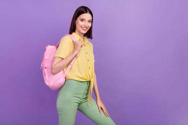 Adatlap side photo of young pretty girl hold bag courses learn isolated over violet color background — Stock Fotó