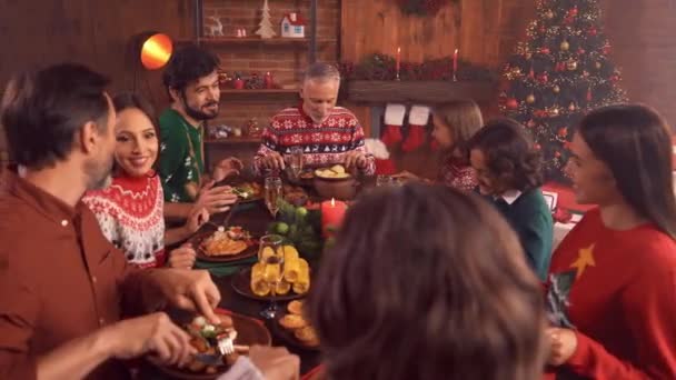 Positivt familjemöte dela traditionell noel måltid njuta av konversation — Stockvideo