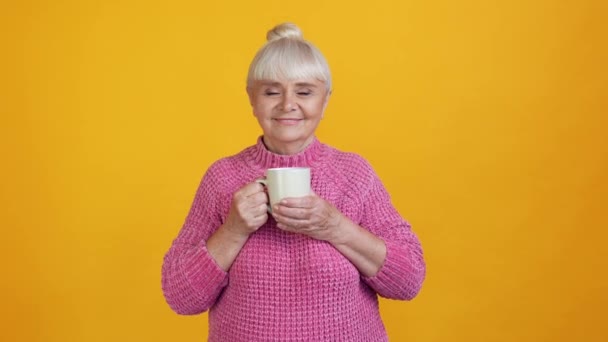 Inspirierte unbeschwerte Oma halten Tasse trinken Kräutertee Duft Aroma — Stockvideo