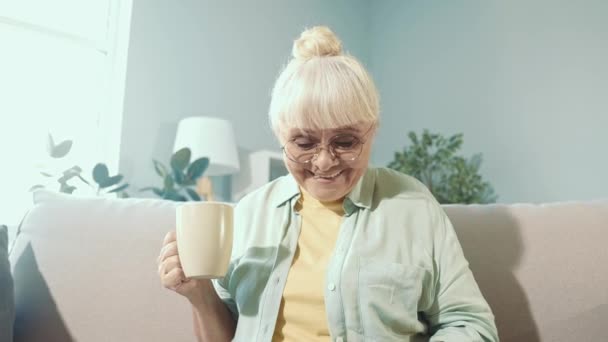 Positivo búsqueda de la abuela venta por Internet beber café concepto de compras en línea — Vídeo de stock