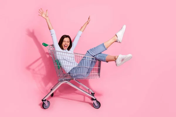 Foto de divertida mujer joven excitada usar suéter blanco gritando a caballo carrito de la compra levantando brazos sonriendo aislado color rosa fondo — Foto de Stock