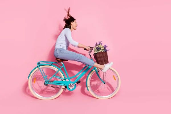 Foto de animado funky jovem senhora vestida jumper branco gostando de andar de bicicleta olhando espaço vazio isolado cor rosa fundo — Fotografia de Stock
