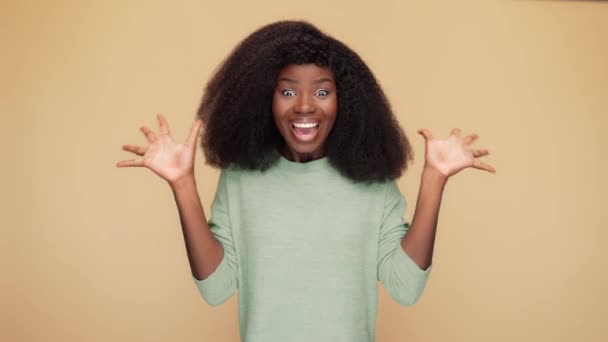 Lady beeindruckt Black Friday Schnäppchen isoliert pastellfarbenen Hintergrund — Stockvideo