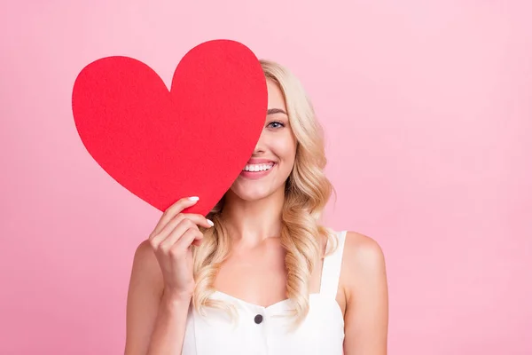 Foto Affascinante Carina Giovane Donna Vestita Bianco Generale Grande Carta — Foto Stock