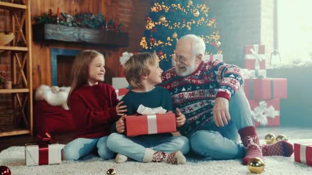 Весела сім'я збирається насолоджуватися атмосферою Різдва Христового — стокове відео