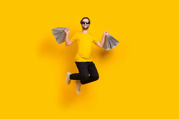Full Length Photo Young Cheerful Guy Have Fun Shop Jump — Stock Photo, Image