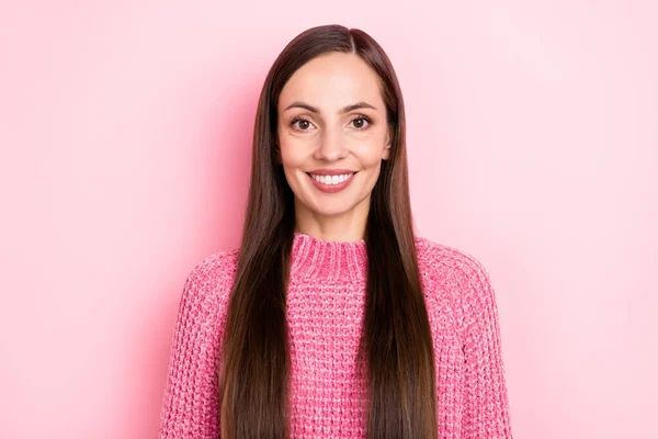 Photo Toothy Young Lady Wear Pink Sweater Isolated Pastel Color — Stock Photo, Image