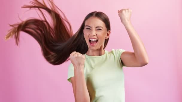 Crazy glad cheerful funny lady celebrate great triumph victory raise fists jump — Stock Video