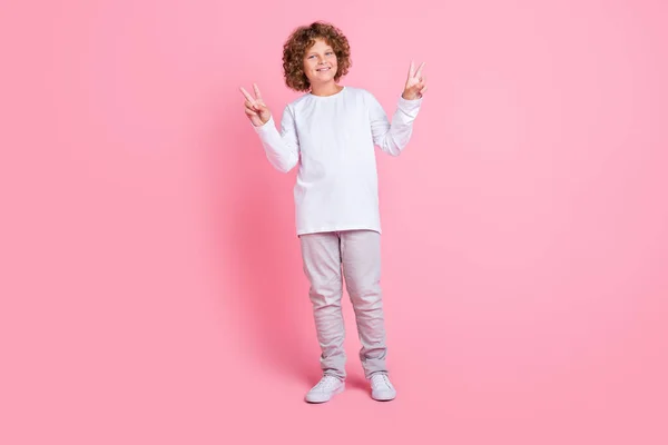 Full size foto van vrolijke kleine kind show v-tekens genieten van glimlach geïsoleerd op pastel roze kleur achtergrond — Stockfoto