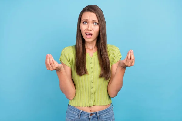 Foto Van Ongelukkige Boze Jonge Vrouw Handen Vasthouden Gebaar Geld — Stockfoto