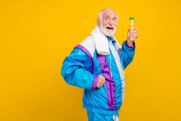 Profilseite Foto Von Senior Mann Workout Trinken Wasser Anstrengung Handtuch — Stockfoto