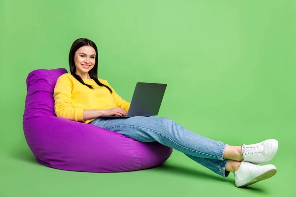 Tamanho total do corpo foto de mulher sentada em beanbag navegando na internet com laptop isolado em fundo de cor verde brilhante — Fotografia de Stock