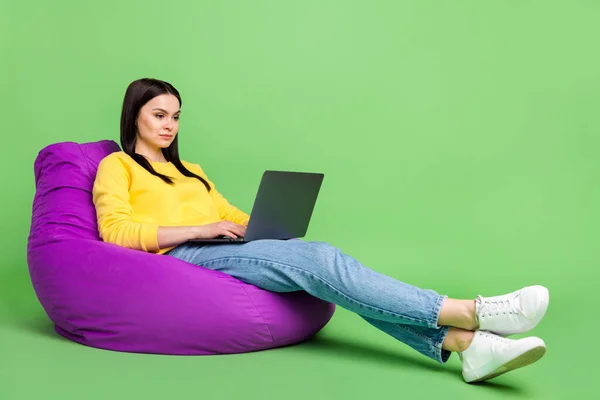 Foto ukuran tubuh penuh dari wanita yang sedang duduk di kantung kacang menggunakan laptop yang terisolasi pada latar belakang warna hijau cerah — Stok Foto