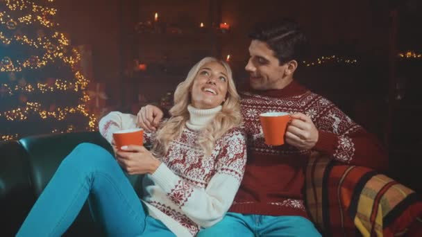 Romantische dame guy zitten sofa drinken eierpunch x mas binnen ornament lichten — Stockvideo