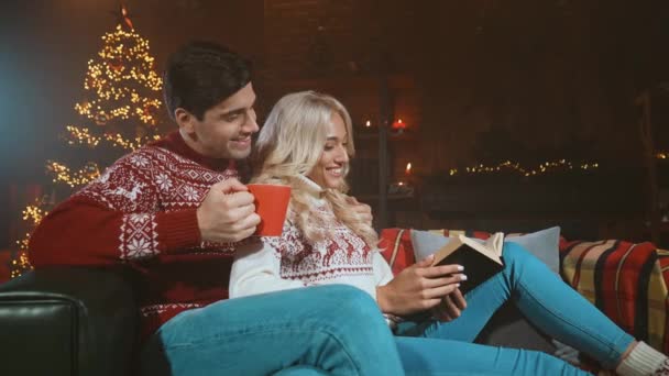 Soții doamnă citesc literatură miracol tip bea eggnog copac nou-an în interior — Videoclip de stoc