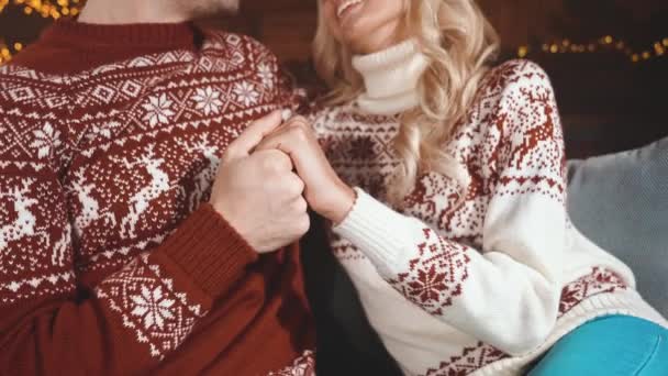 Romantic spouses guy lady sit sofa hug enjoy indoors newyear tree lights — Stock Video