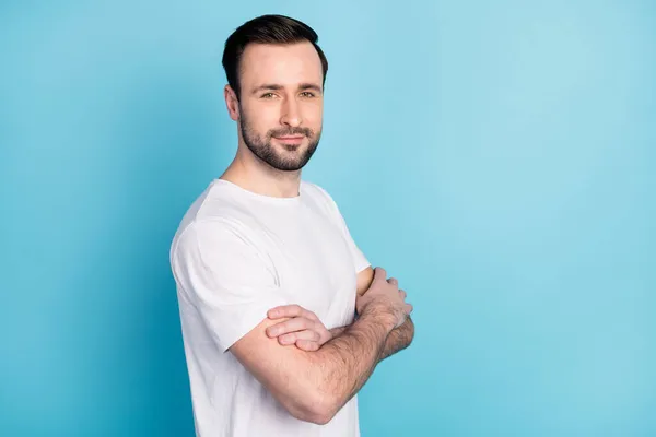 Profile Portrait Half Turned Friendly Man Smile Folded Hands Look — Stock Photo, Image